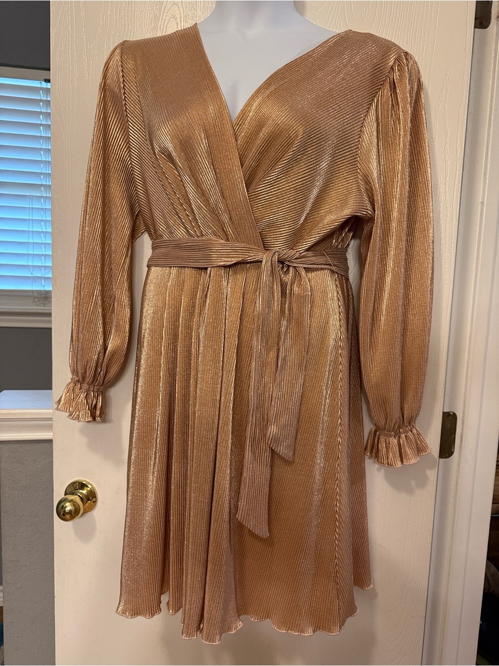 Chenault Metallic Rose Gold Long-Sleeve Wrap Dress with Tie Waist